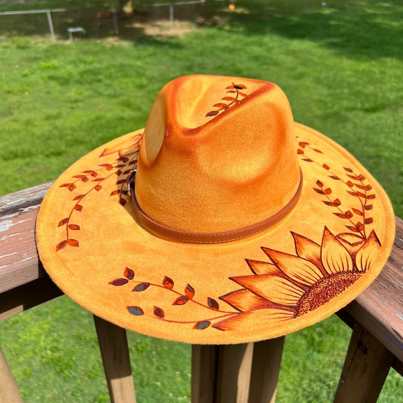 Hand Burned Yellow Double Sunflower Rancher Hat - Picture 2 of 4